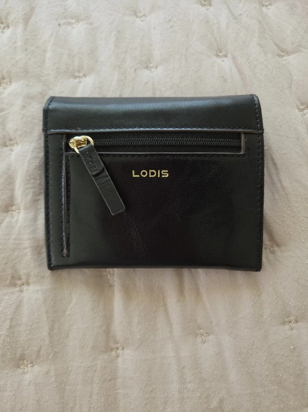 Lodis Black Leather Compact Wallet with Gold Snap